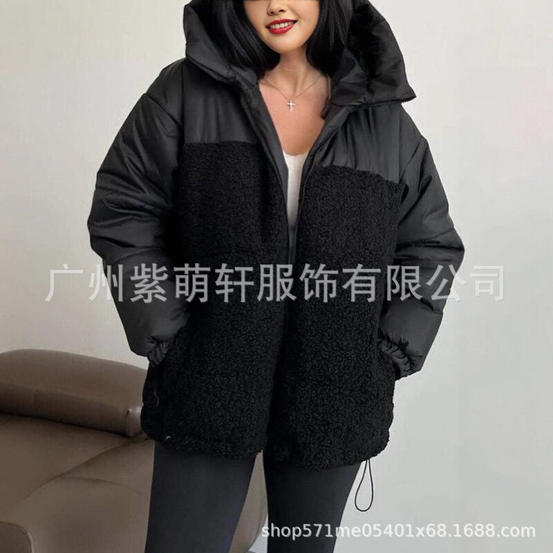 2025欧美INS羊羔毛拼接加棉加厚连帽外套秋冬新款欧美女士棉服|undefined