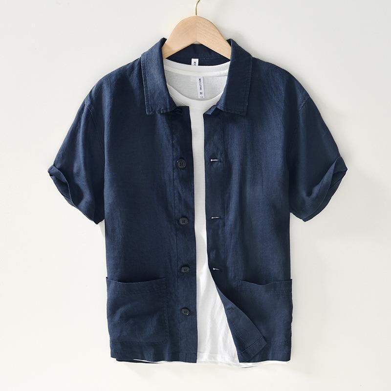L984 Solid Color Linen Short-sleeved Shirt Men's Artistic Youth Personality Pocket Loose Shirt Men's One-piece Hair