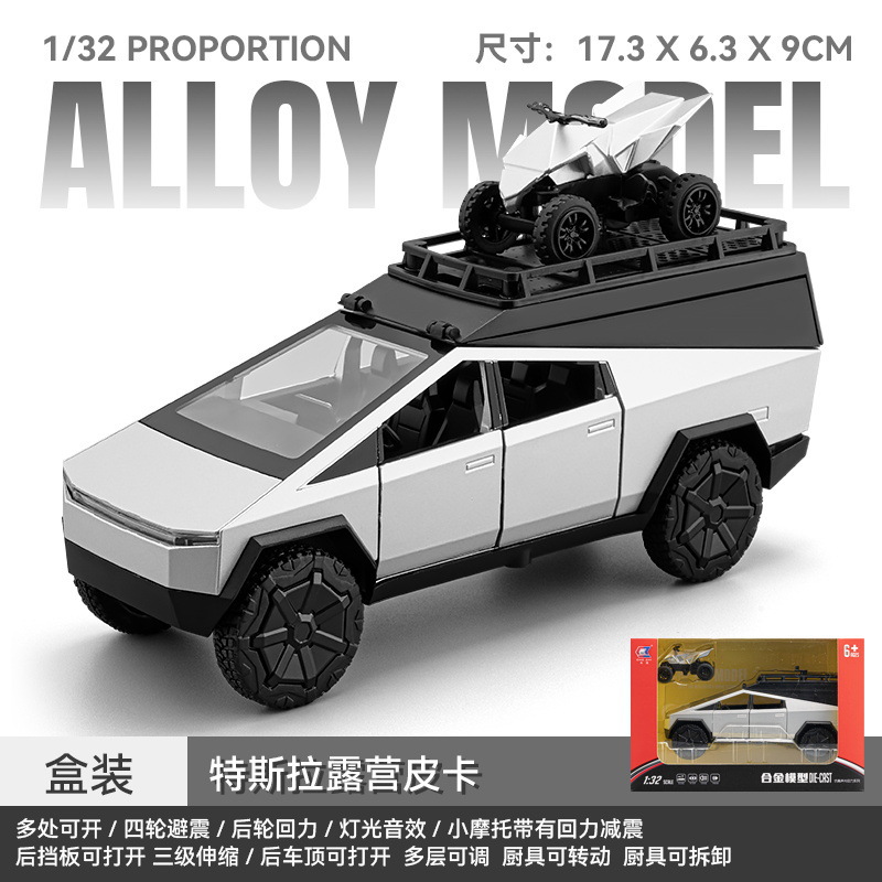 Coche a modelo de coche 1:32 Tesla pickup camping aleación coche con pequeño modelo de motocicleta decoración coche de juguete