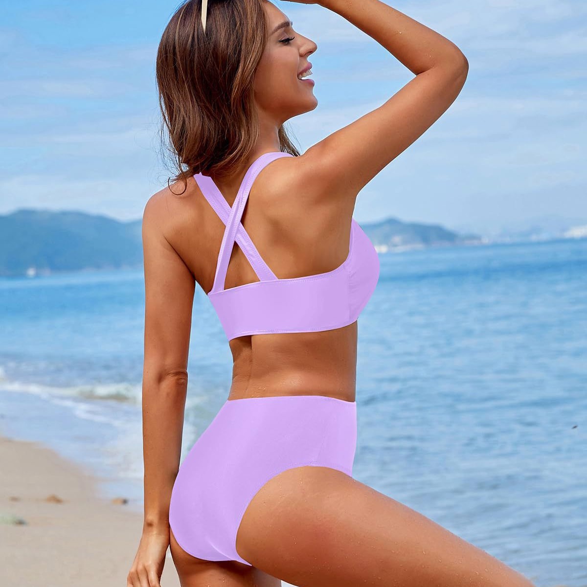 2024 comercio exterior transfronterizo de color sólido nuevo trajes de baño delgados divididos chaleco de cintura alta cruzado con cojín de pecho trajes de baño