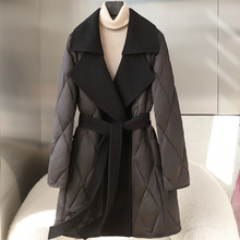 2025冬季新款羊毛呢拼接鹅绒服高级感系带收腰修身羽绒服