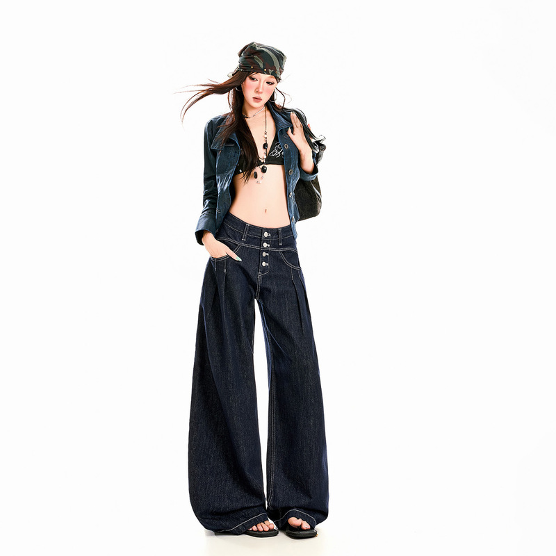 Original denim color four-button pleated jeans for women, 2026 autumn new style, loose wide-leg fashion trendy floor-length pants Original denim color four-button pleated jeans for women, 2026 autumn new style, loose wide-leg fashion trendy floor-length pants