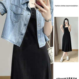 蓝色牛仔短外套搭配连衣裙显瘦春夏季黑色背心吊带裙中长款两件套