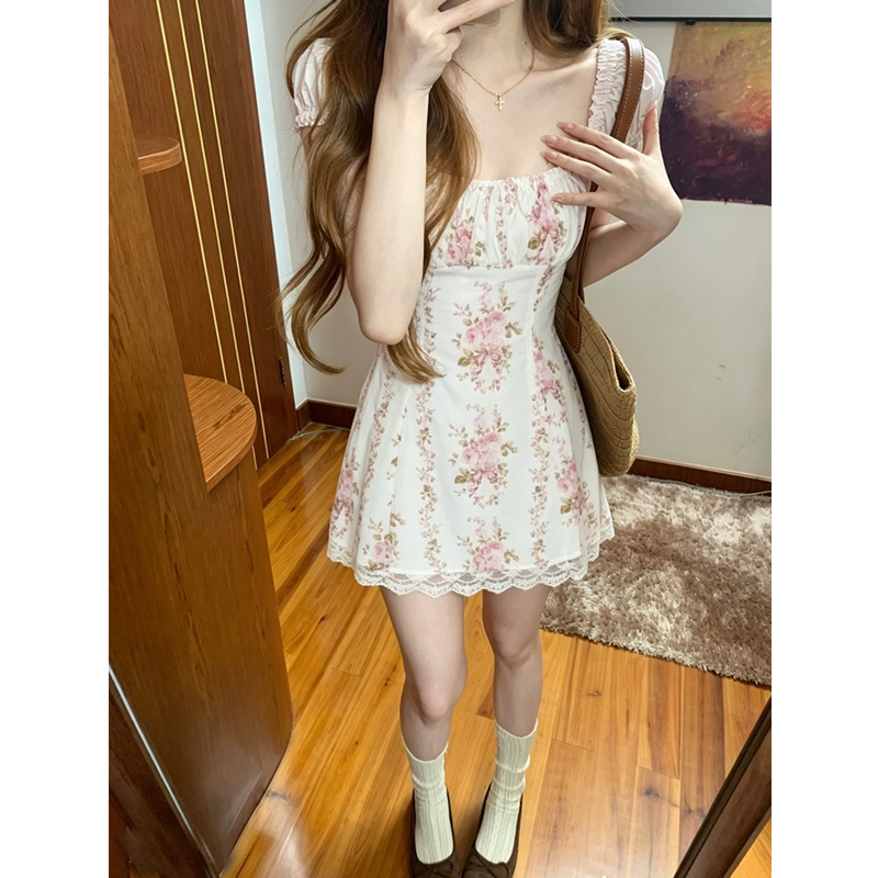 [Celebrity Style] American-Style Vest Dress, Summer Suspender Dress, Floral Dress, Sweet Girly Square-Neck Waist-Cinching Short Dress
