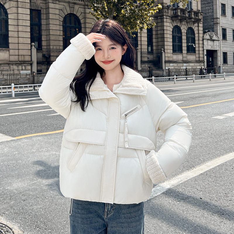 Cordero gran solapa extranjera ropa de algodón plumón ropa de invierno de mujer nueva chaqueta de algodón corta suelta de tamaño grande grueso abrigo