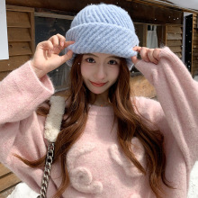 白色针织毛线帽女2025年秋冬大头围帽子显脸小加厚保暖护耳包头帽