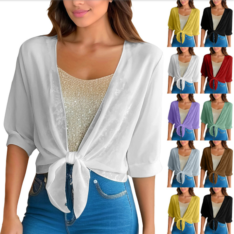 Cross-Border New European and American Style Women's V-Neck Sun-Protective Cardigan, Solid Color, Five-Quarter Sleeves, Tie-Up, Lightweight Chiffon Shirt Cross-Border New European and American Style Women's V-Neck Sun-Protective Cardigan, Solid Color, Five-Quarter Sleeves, Tie-Up, Lightweight Chiffon Shirt