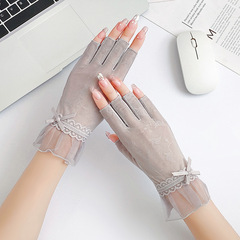 Half-finger gloves for women, ultra-thin ice silk stretch lace leaky finger driving and riding non-slip sun protection half-finger gloves