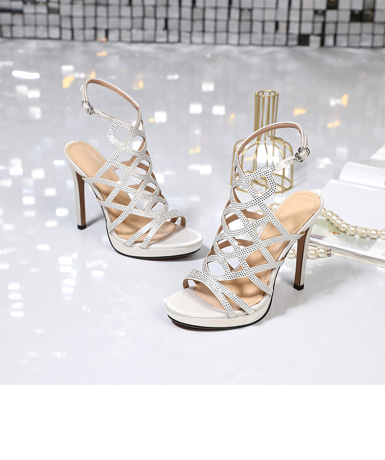 Sandal cao gót nữ hở mũi đính đá gót nhọn 9 cm — Màu be chi tiết 3