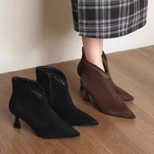朱朱家尖头细跟短靴女麦穗穿线绒面瘦瘦靴2025年秋冬新26Q3781-5