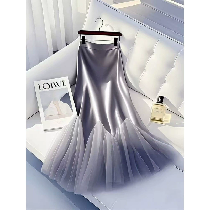 Популярная изысканная юбка-рыбка весна-лето 2025, модная серая юбка из сетчатого атласа с вставками