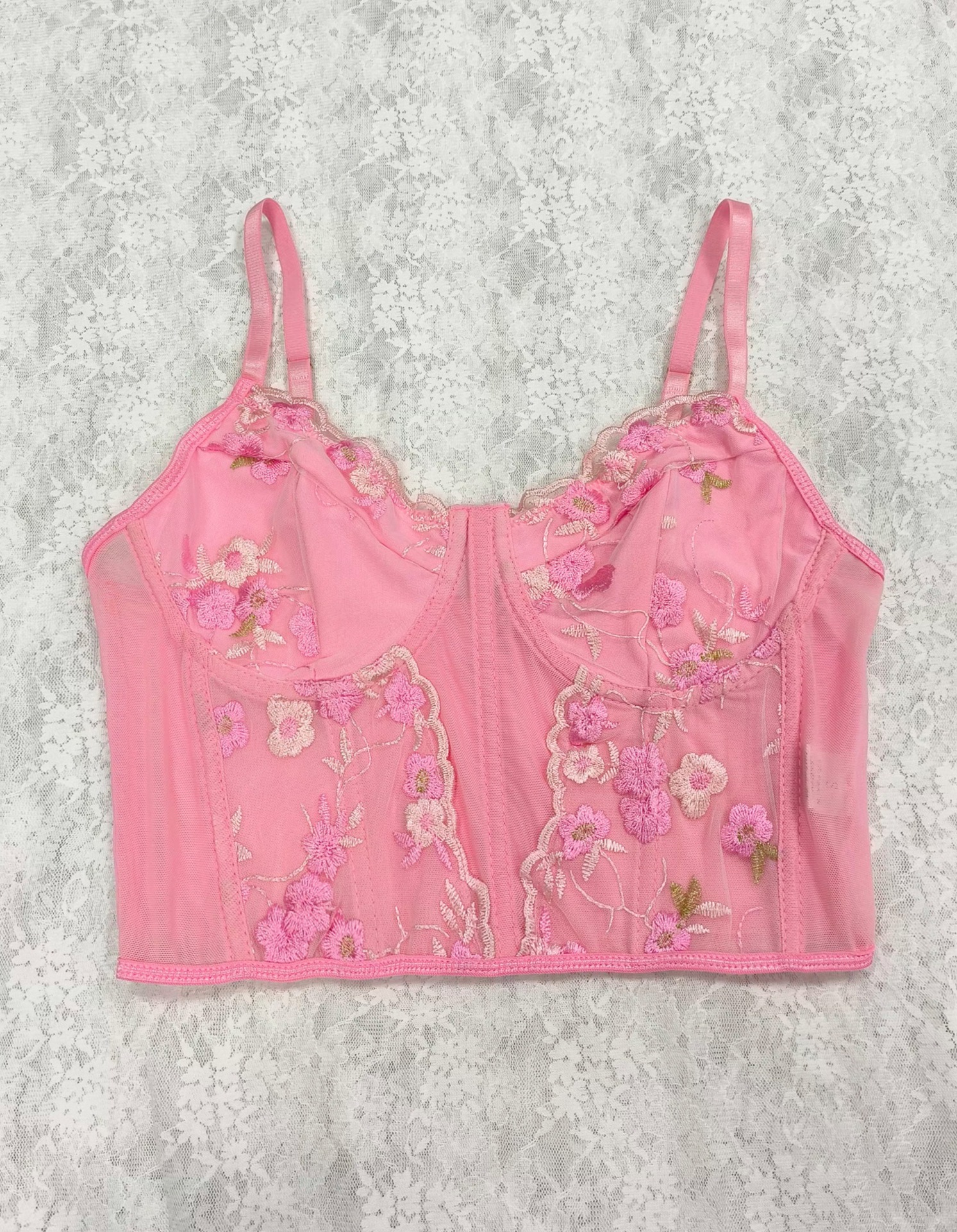 Camisola de estilo urbano con cordones, malla y bordado floral, con aros y diseño de espina de pescado, ajuste ceñido, versátil, estilo top sin mangas, prenda interior. image 6