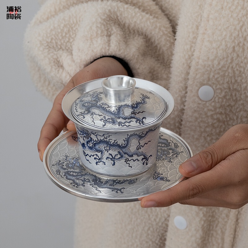 High-grade sterling silver 999 teapot tea bowl Chinese style kung fu tea set household silver cup set gift box
