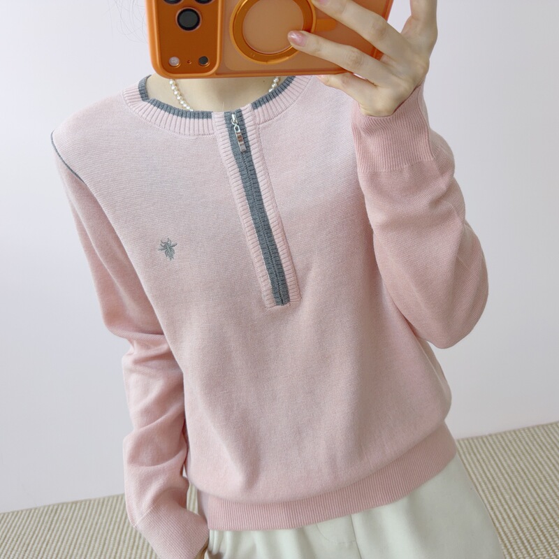 2025 Winter New Arrivals Counter Brand Fashion Elegant Round Neck Color Matching Half Zipper Soft Waxy Stripesd Knitted 356