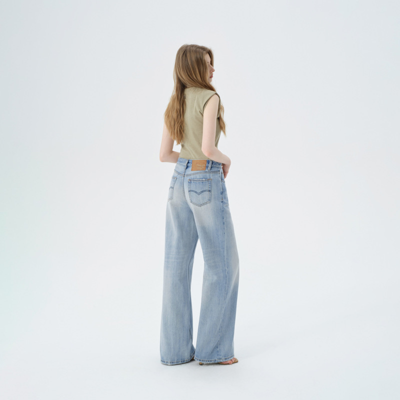 Spring Loose-Fitting Pure Cotton White Jeans for Women, High-Waisted, Slimming, Light Blue, High-End, Light Luxury, Washed, Wide-Leg Pants
