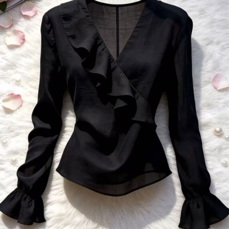 Simple Solid Color Collar with Ruffle Trim Slim Fit Long-Sleeve Shirt 2026 Summer New Style Top Simple Solid Color Collar with Ruffle Trim Slim Fit Long-Sleeve Shirt 2026 Summer New Style Top