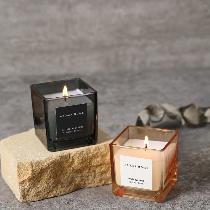 Lâmpada de vela de cera de soja para aromaterapia Z Souvenirs, disponível para atacado e dropshipping, quatro cores, copo quadrado pequeno._voghion.com
