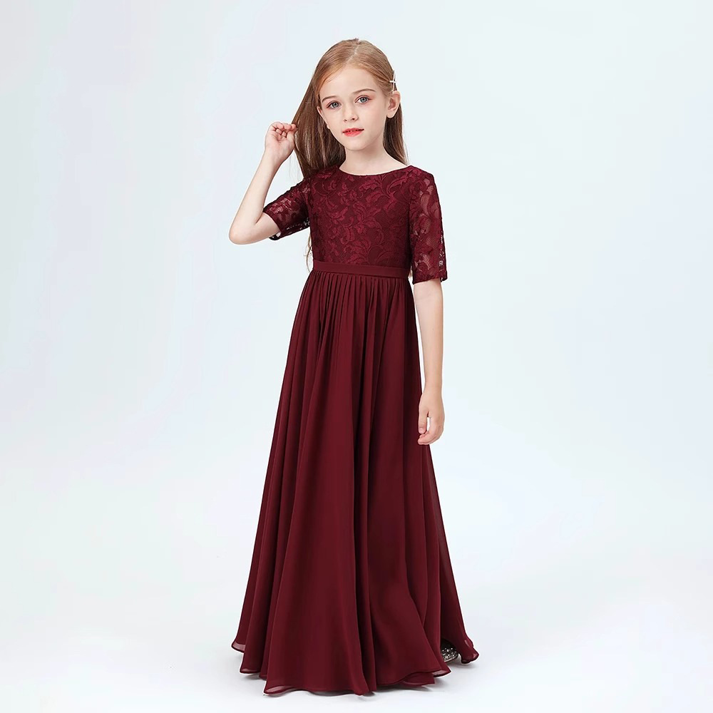 儿童生日周岁晚礼服公主裙时尚酒红色婚纱花童主持钢琴艺考演出服