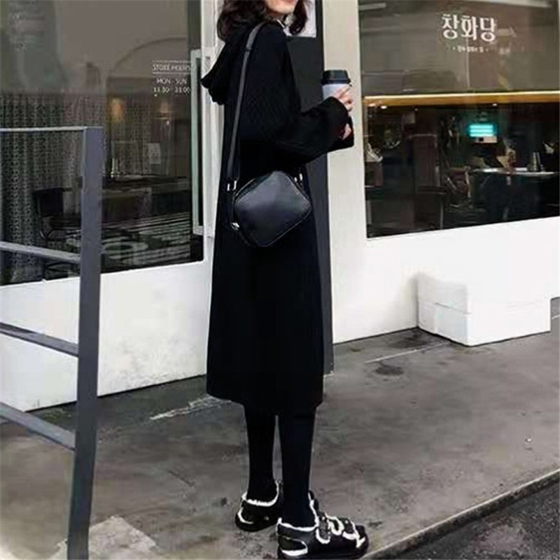 나른한 바람 후드 니트 스커트 여자 가을 겨울 신상 한국판 미디엄 롱 오버슬립 두꺼운 원피스