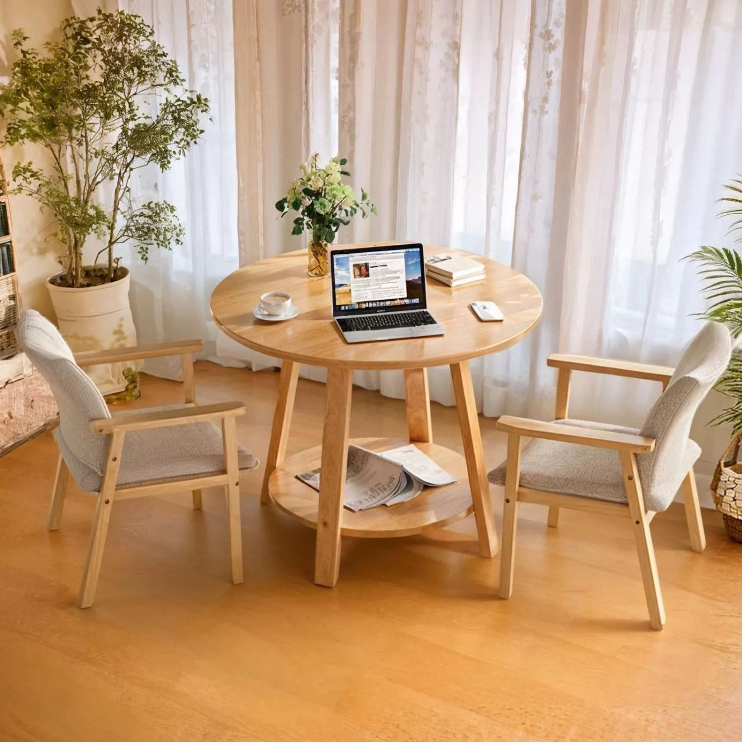 Обеденный стол, круглый стол, коммерческий домашний кафе, комбинированный стол для переговоров, гостиная, балкон, небольшой круглый стол, стол и стулья из цельного дерева