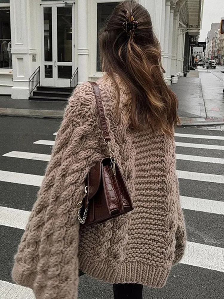 Damenbekleidung, modisches Temperament, Rundhalsausschnitt, Trompetenärmel, Strickpullover, lockeres, vielseitiges Oberteil_voghion.com