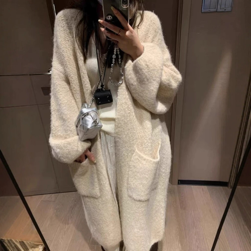 European, American, and Korean Style Long Sweater Coat for Women, Lazy Style, Loose, Soft, Gentle, Autumn and Winter Lantern Sleeve Knitted Cardigan