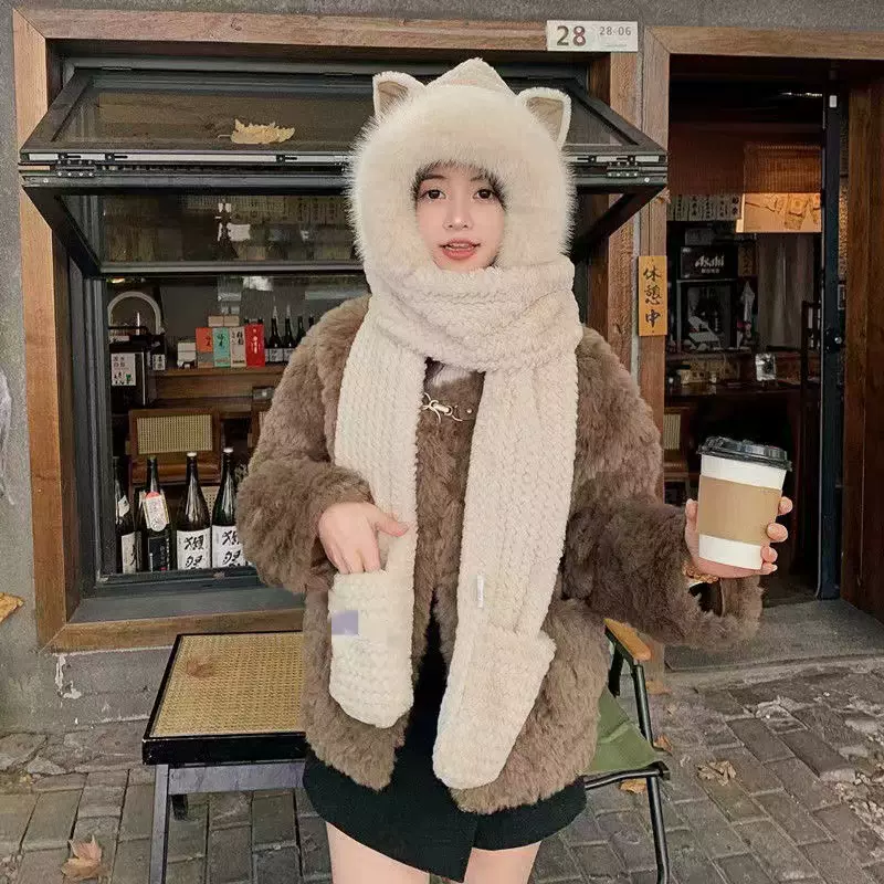 新款狐狸耳朵狐狸毛帽子围巾一体女秋冬骑行防寒保暖护耳可爱毛绒