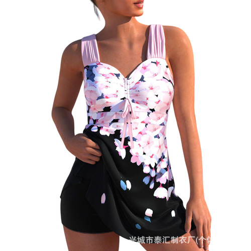 2025 Women's European and American Straight High-Waist Swimsuit with Striped Print Tankini