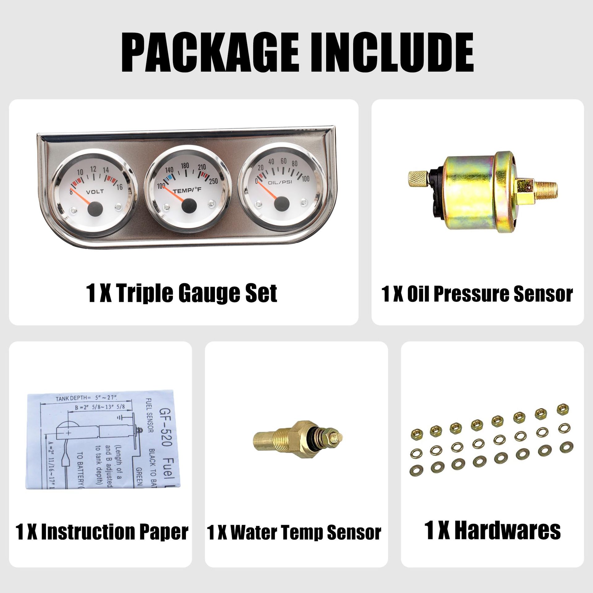 Cross-border 52mm car modification water temperature gauge, Fahrenheit oil pressure gauge, PSI voltage triple gauge combination with sensor