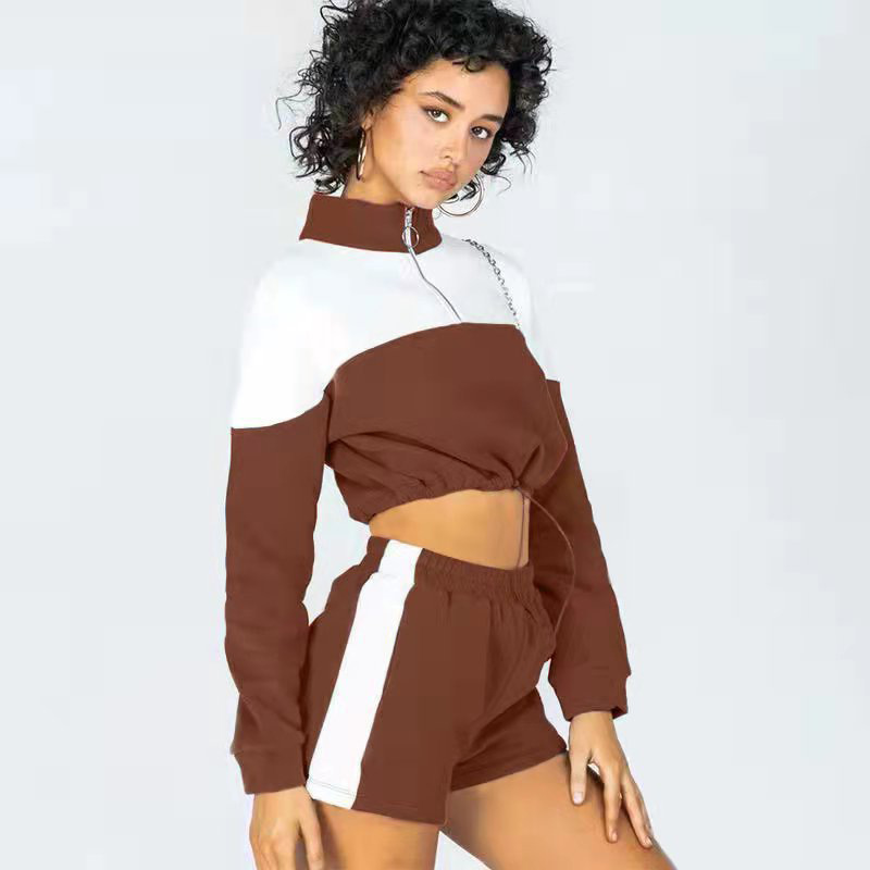 Pantaloncini casual da donna con coulisse a contrasto, felpa da donna, abito a due pezzi in quattro pezzi_voghion.com