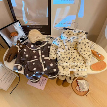 新款儿童秋冬季法兰绒波点米粒绒睡衣保暖家居服保暖套装跨境专供