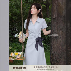 鹿向南「雅致通勤」蓝色法式连衣裙女夏季新款独特收腰长裙衬衫裙