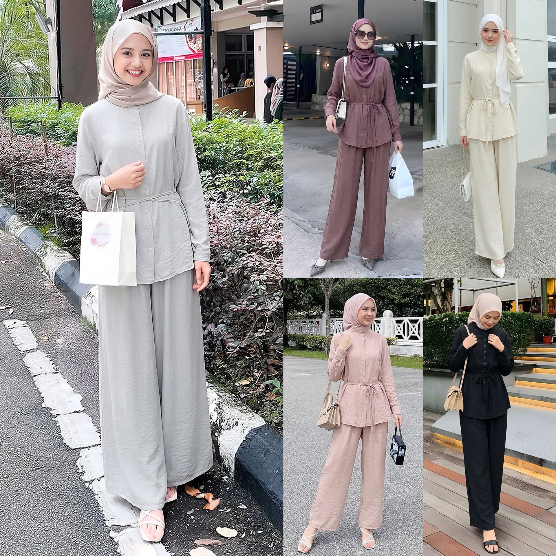 Malaysian Indonesian Women's Slimming Top And Wide Leg Pants Set Stand Collar Tie Waist Fashionable_ecoleips.com