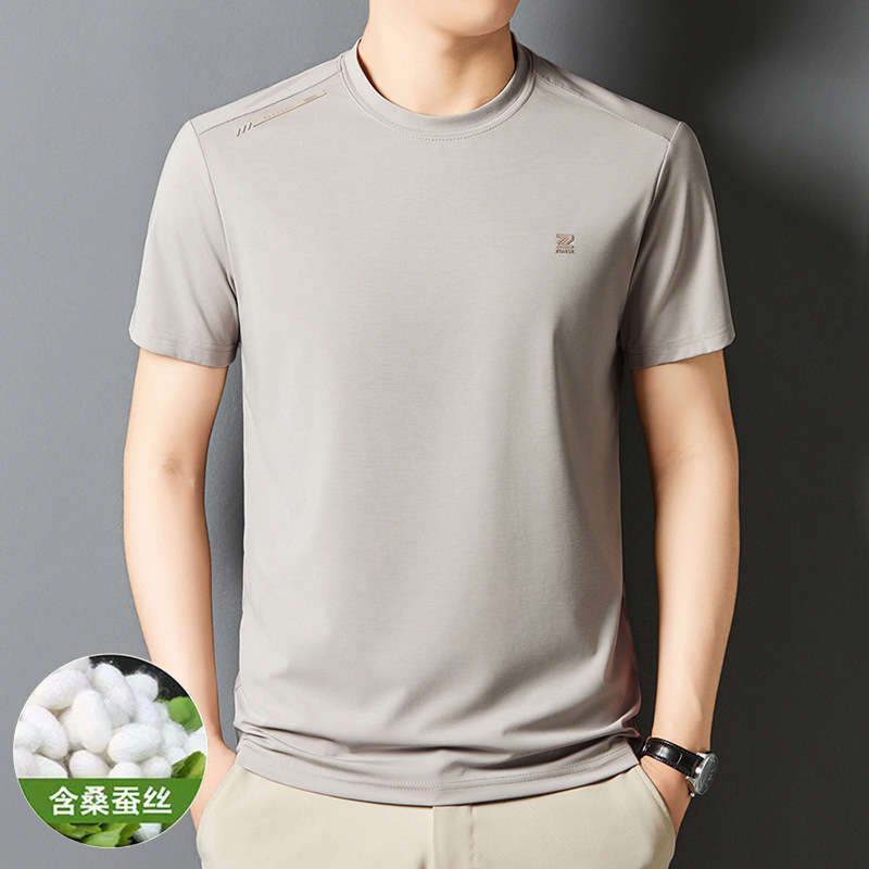 Summer New Style Men's Short-Sleeved T-Shirt Containing Silk, Middle-Aged Round Neck Printed Casual Versatile Thin Short-Sleeved Men's Wholesale