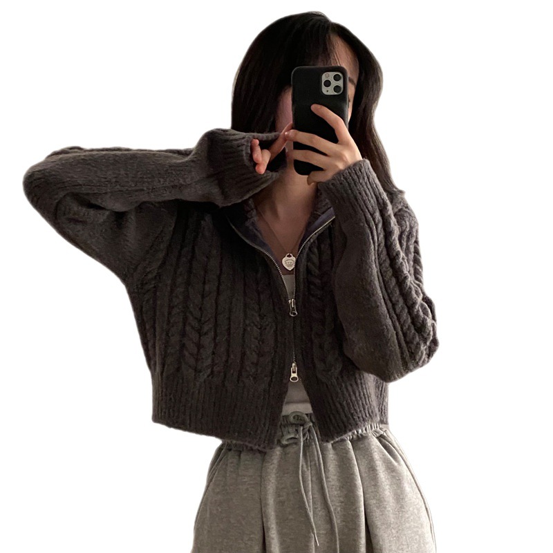 Otoño e invierno nuevo corto de manga larga chic vintage patrón de cáñamo de doble cabeza cremallera solapa de punto cardigan suéter abrigo para mujeres