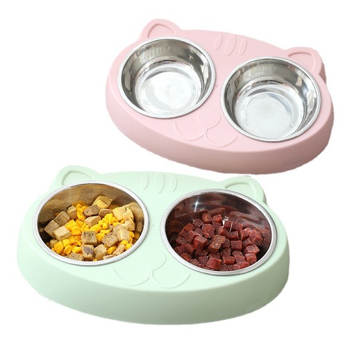 Cross-border big-eyed cute cat stainless steel cat double bowl thickened plastic cat supplies cat food bowl cat food bowl wholesale