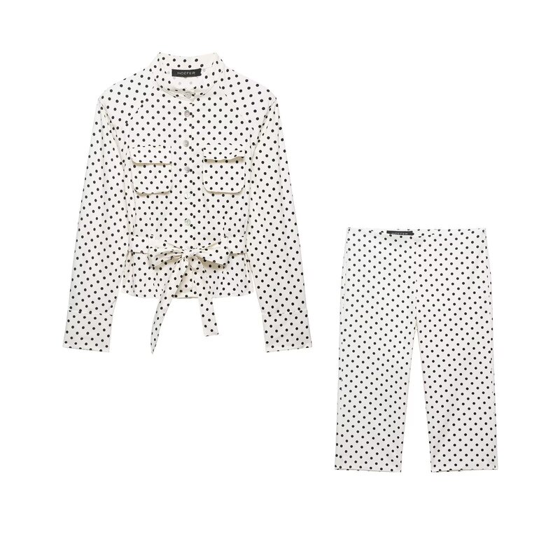 European and American Cross-Border Women's Clothing Wholesale Women's Polka Dot Shirt-Style Jacket and Capri Pants Set European and American Cross-Border Women's Clothing Wholesale Women's Polka Dot Shirt-Style Jacket and Capri Pants Set