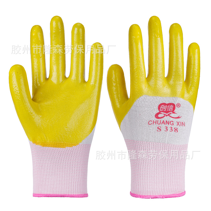 创信S318PVC半挂牛筋浸胶劳保手套耐磨耐油胶皮工作透气加厚橡胶