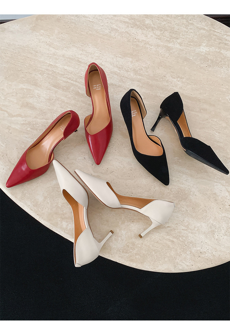 Giày sandal cao gót nữ mũi nhọn kín mũi hở gót, đế nhọn mềm đi làm — đen, màu đỏ tía, Màu trắng nhạt chi tiết 16