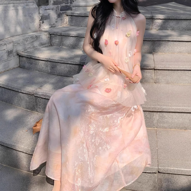 Pink Dai Liu Fang Shallow Spring Three-dimensional Flower Hanging Neck New Chinese Fake Two-piece Heavy Industry dress New