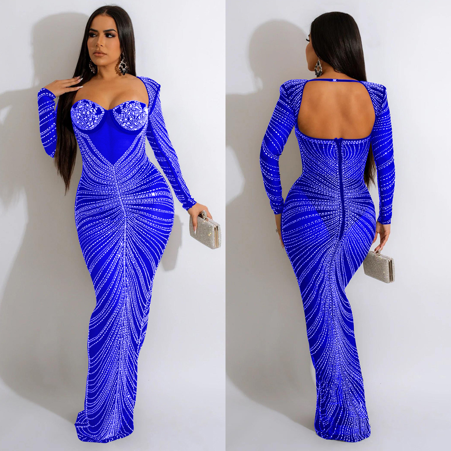 C6023 transfronteriza AliExpress Amazon ropa de mujer de moda europea y americana rhinestone Perspectiva de malla Vestido de manga larga vestido image 4