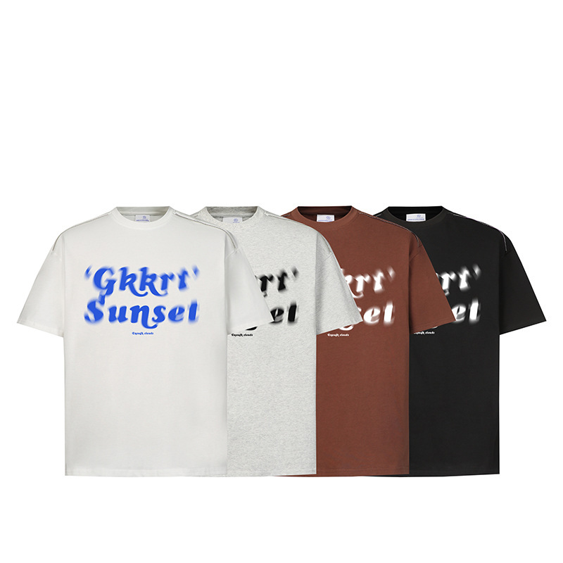 夏用ぼんやりプリント厚手320g半袖Tシャツメンズジッパーデザイン七分袖トップストレンディブランドルーズTシャツ|undefined