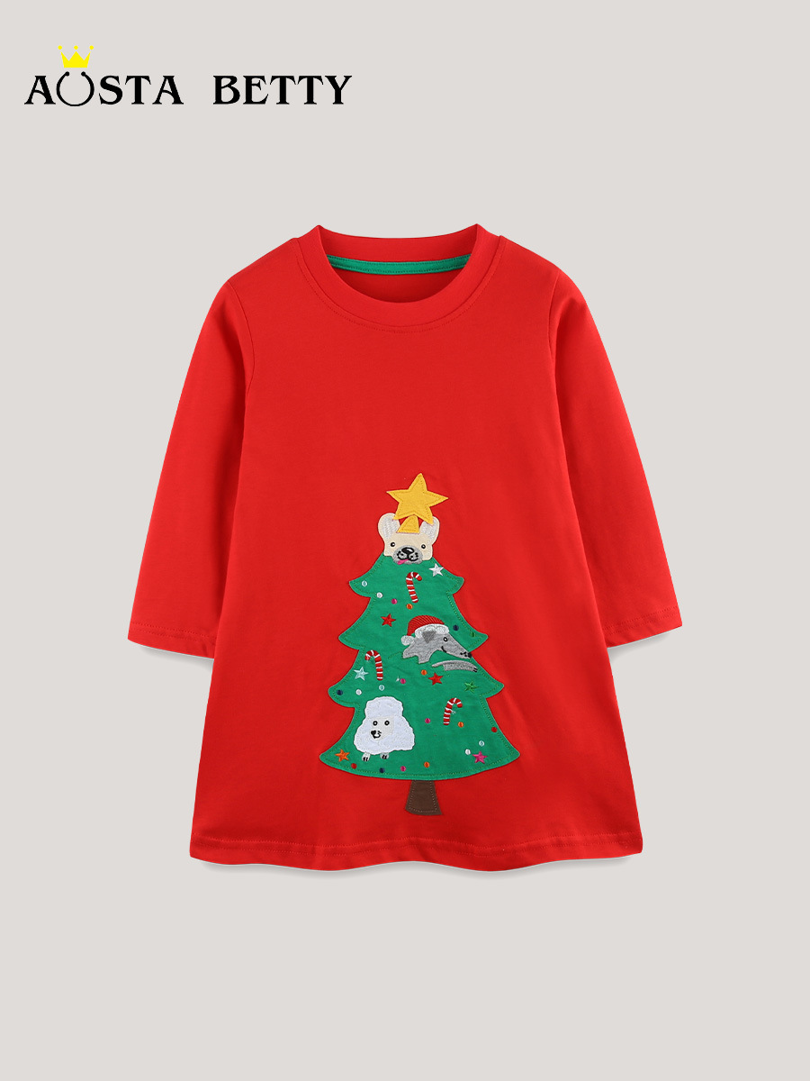 Vestido de niña de estilo europeo y americano de otoño nuevos productos Navidad bordado vestido de princesa de niños de algodón de punto vestido de niños