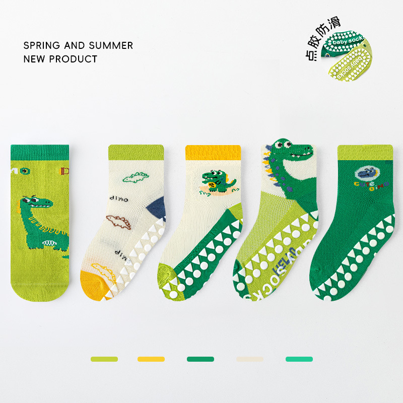 Cross-Border Summer New Product: A-Class Cartoon Dinosaur Grip Socks, Mid-Tube Breathable Sweat-Absorbing Non-Slip Mesh Floor Socks Wholesale