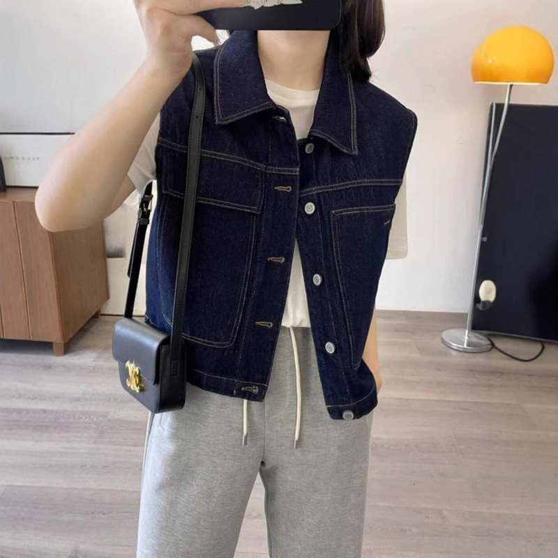 Japanese Style Vintage Denim Vest Women's Spring and Autumn Short Stacked Shirt Small Wasp Outer Top Vest