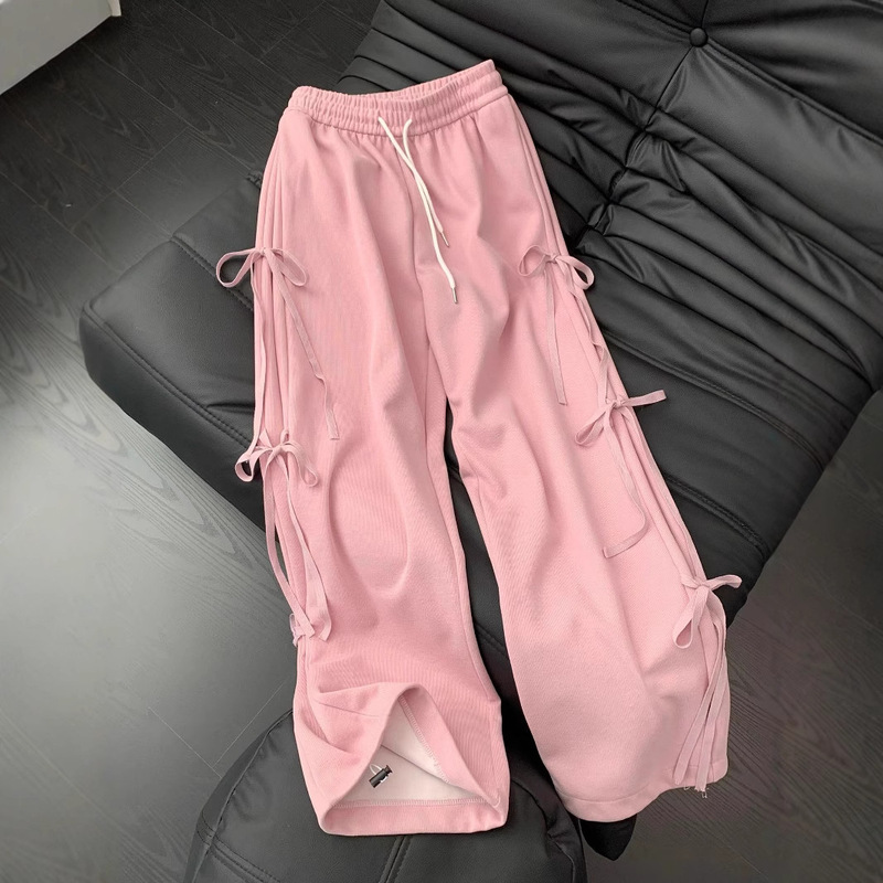 New Slim Pink Bow Lace-up Design Drawstring Straight Leg Pants High Waist Dape Loose Wide Leg Casual Pants