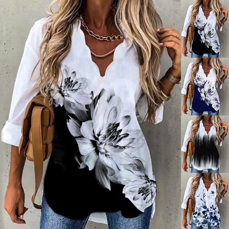 2022 Summer Amazon Cross-border European and American Women's Elegant New Explosions Wave Collar Shirt Printed Long Sleeve Women