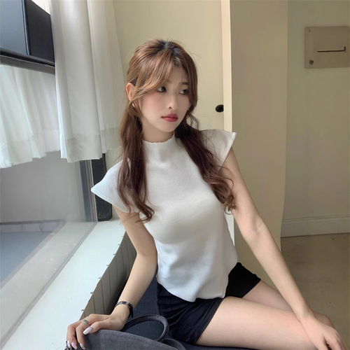 Little Fly Sleeve Stand Collar T-Shirt Women's Summer New Retro Slimming Irregular Knitted Underwear eBay 