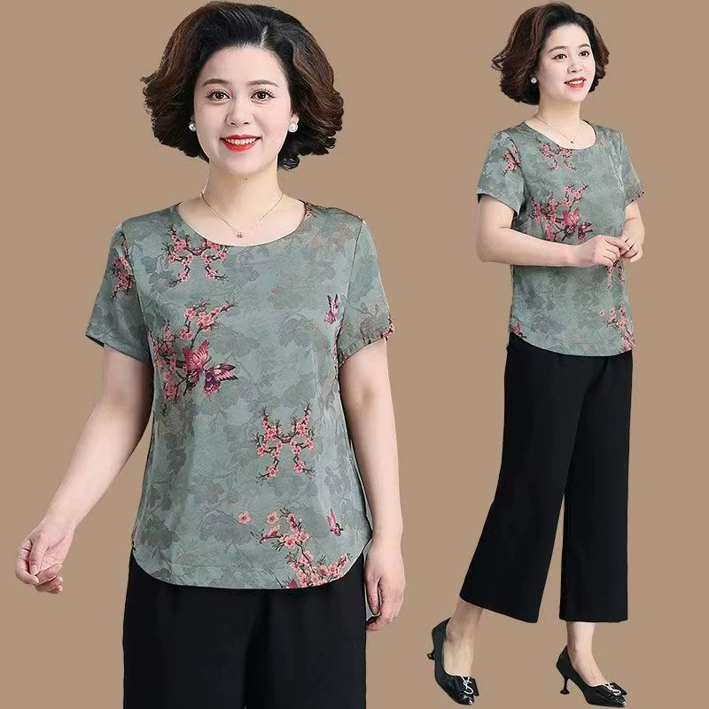 Silk summer clothing for mother, sleeves, summer set, with short sleeve, western style