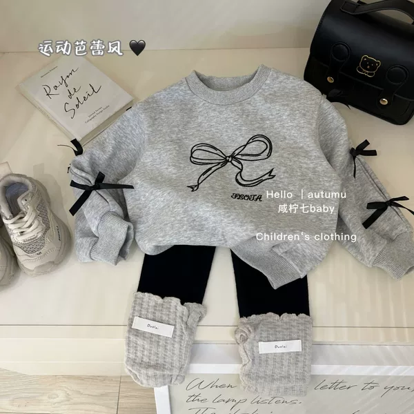Set of Kidsren's Clothing Girls' Bow Sweatshirt 2025 Autumn New Kidsren's Long-Sleeved Kidsren's Casual Tops Two-Piece Set Trendy